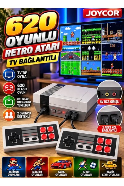 JOYCOR 620 Oyunlu Retro Atari Oyun Konsolu 2 Kablolu Joystick AV/RCA Bağlantılı TV Uyumlu Klasik Oyun Konsolu