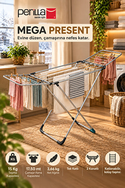 Perilla MEGA PRESENT Premium Çamaşır Kurutmalığı K17002 – 17,5 Metre Asma Kap...