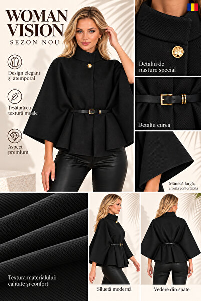 WOMAN VISION Poncho-uri tip capă de damă, cu cordon, cu aspect de lână, cu nasturi aurii, negre 893514