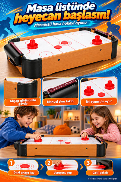 Ahşap Mini Masaüstü Buz Hokeyi Oyunu 51x31 cm - Yetişkin & Çocuk Ev İçi Eğlenceli Hediyelik Oyun