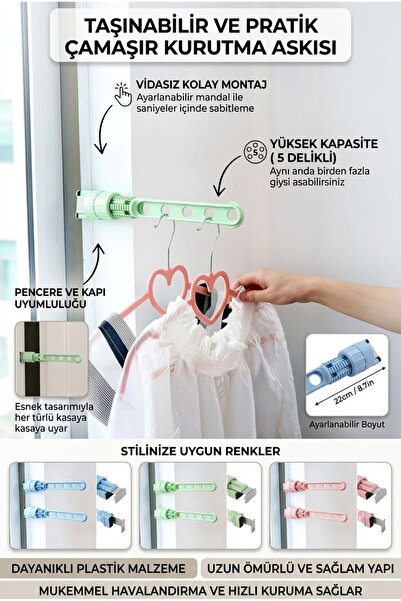 safestore Pencere ve Kapı Çerçevesi Sıkıştırmalı Çamaşır Askısı - 5 Delikli T...