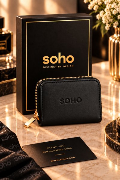 SOHO Original Special Boxed Mini Urban Style Multi-Compartment Zippered Compact Comfort Model Gift Coin Compartment Id and Money Compartment Luxury Soft Leather Minimal Design Small Size Card Holder Black Wallet