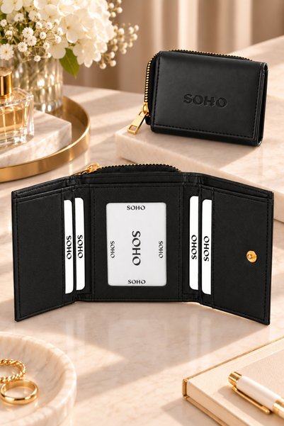 SOHO Original Special Boxed Multi-Compartment Women's Wallet with Magnetic Closure, Compact Comfort Model, Gift-Ready, Zippered Coin Compartment, Id and Money Compartment, Luxurious Soft Leather, Special Design Card Holder, Black Wallet