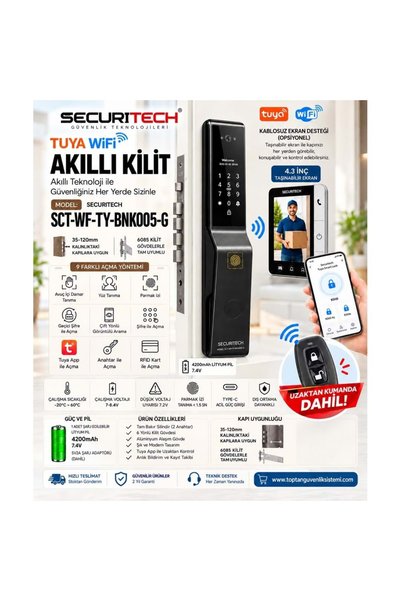 SECURITECH TUYA WİFİ DESTEKLİ YÜZ TANIMA , PARMAK İZİ , İNTERKOM AVUÇ OKUMA ŞİFRE AKILLI KİLİT SETİ