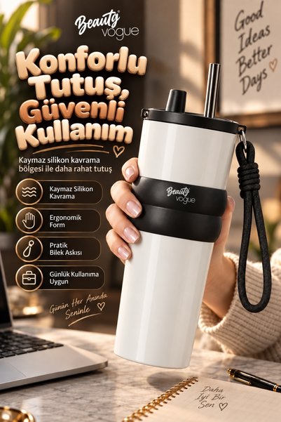 Beauty Vogue Signature Edition Thermos Cup with Straw, Strong Double Insulation, Stainless Steel, Keeps Hot for 6 Hours, Cold for 12 Hours, Wrist Strap, Non-Slip Grip, Leak-Proof Lid, Comfortable Use, Premium Thermos Mug 750 ml - Pearl White