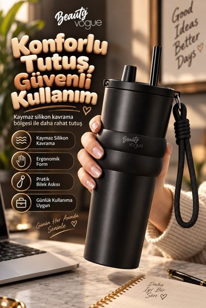 Beauty Vogue Signature Edition Thermos Cup with Straw, Strong Double Insulation, Stainless Steel, Keeps Hot for 6 Hours, Keeps Cold for 12 Hours, Wrist Strap, Non-Slip Grip, Leak-Proof Lid, Comfortable Use, Premium Thermos Mug 750 ml - Matte Black