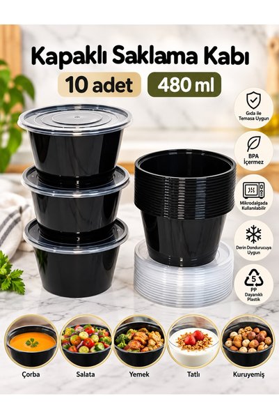 troykar 10 Adet 480 ml Siyah Sızdırmaz Şeffaf Kapaklı Saklama Kabı Mikrodalga...
