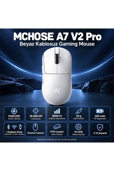 MCHOSE A7 V2 Pro White 8K Hz PAW3395 Sensör Kablosuz Simetrik Gaming Mouse (MC-A7V2-2)