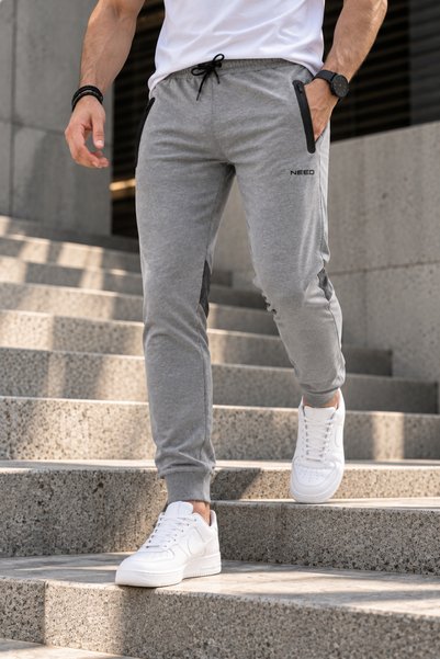 NEED LİFE Men's Gray Pockets Zippered Slim Fit Sweatpants