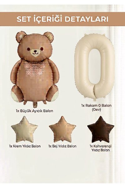 Işıltı Balon Dükkanı 0 Year Old Foil Balloon Set Birthday Ornament with Teddy Bear and Star Number