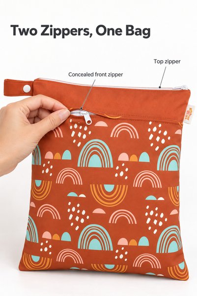 Grarey Rainbow Print Wet Clothes Bag with Two Zippers and Snap Loop, Swimwear & Gym Clothing Storage, 30 × 40 cm, Orange, 1 Piece