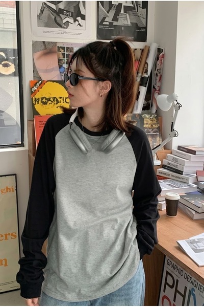 Köstebek Mânecă raglan neagră Gri simplu Melange Unisex cu mânecă lungă