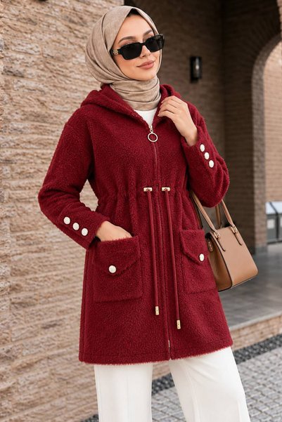 N.S NEVA STYLE Hooded Zippered Gold Button Detailed Beard Angora Burgundy Hij...