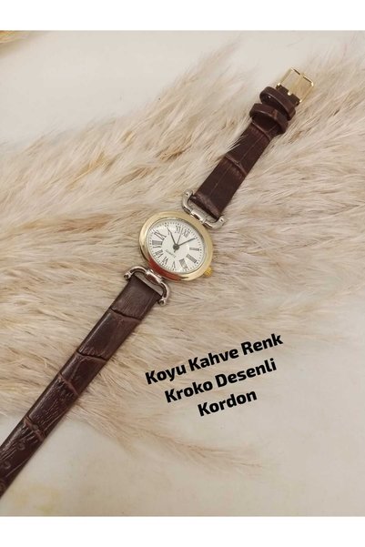 Classy Vintage Model Koyu Kahve Renk KROKO Desenli Kadın Kol Saati