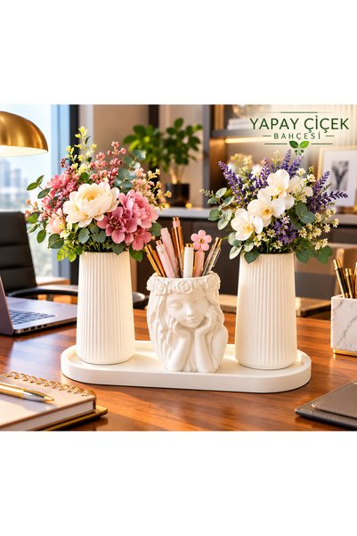 YAPAY ÇİÇEK BAHÇESİ DEKORATİF OVAL TEPSİLİ KALEMLİK DETAYLI VAZO SETİ