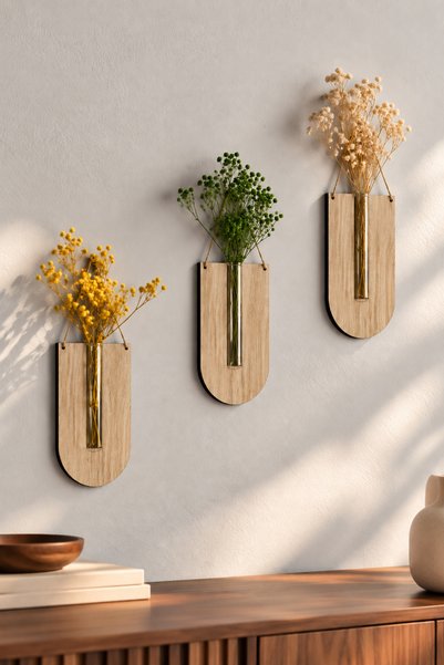 İnfigo Concept Ahşap Dekoratif 3'lü Duvar Çiçekliği (Çiçek Hediyeli)