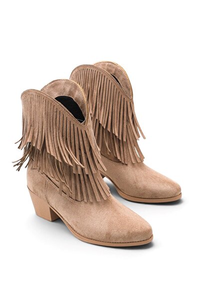 MODAADAM Women's Pesus Tassel Detail Short Heel Nude Suede Boot - Nude