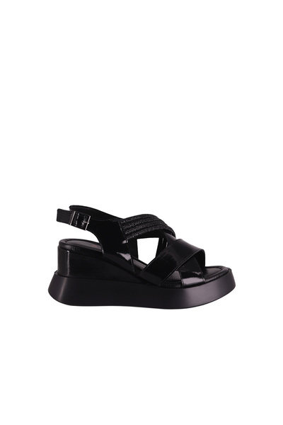 ALBİNİ Women's Black Patent Leather Wedge Heeled Sandals