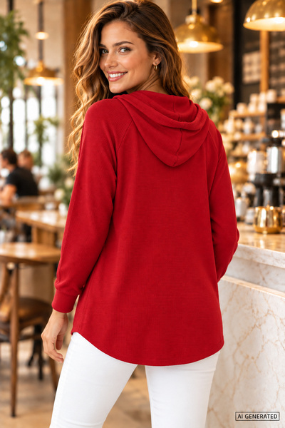 Modayakamoz Women's Long Sleeve Hooded Front Buttoned and Lace-Up Waffle Blouse