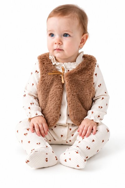 Beniizle Kız Bebek Çiçek Desenli Ribanalı Patikli Tulum ve Peluş Yelek 2’li Takım