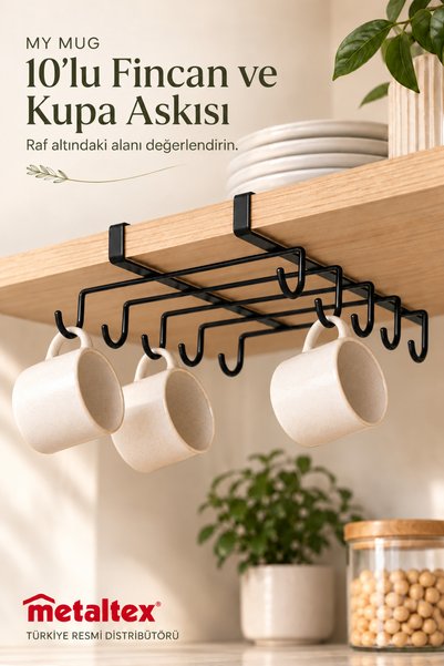 Metaltex My Mug 10'lu Dolap Altı Kupa ve Fincan Askılığı Siyah Metal