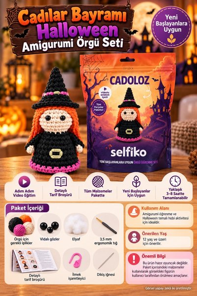 TOYFEST SELFIKO Cadoloz Cadılar Bayramı Halloween Amigurumi Örgü Seti Cadı Figürü Videolu Başlangıç Hobi Kit