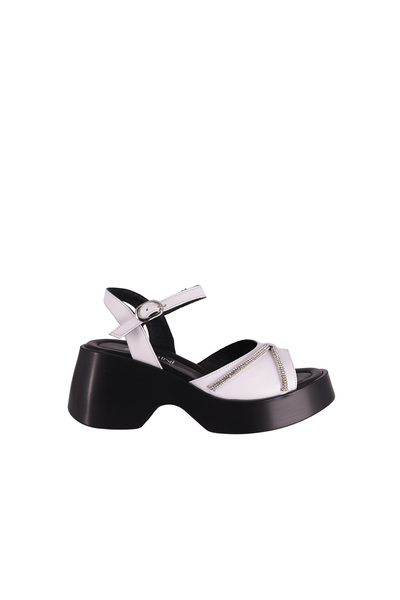 ALBİNİ Women's Heeled Sandals with Buckle, White Leather, Stone Detail