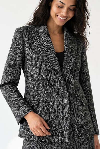 Fifty Wayz Kadın Siyah Balıksırtı Dokulu Kruvaze Düğmeli Blazer Ceket Héritage