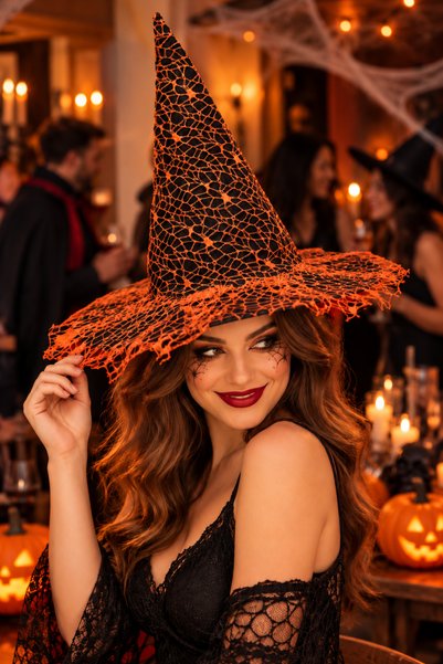 DODOMAR Halloween Cadılar Bayramı Cadı Şapkası Siyah Turuncu Güpürlü Örümcek ...