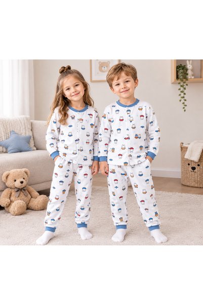 nazarbebe Boy's - Girl's Rabbit Printed Pajama Set Cotton Long Sleeve 3-6 Years