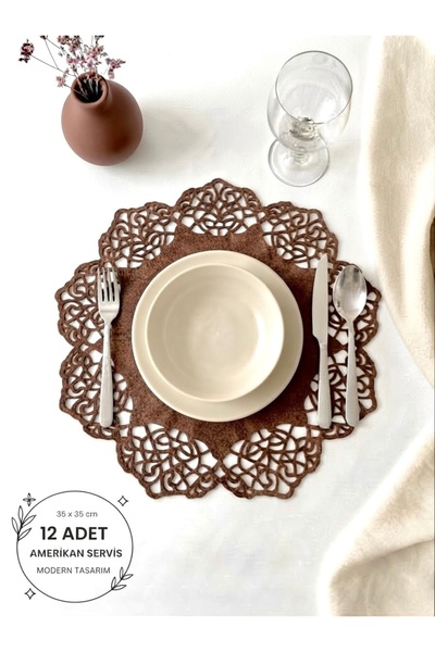 Ergüven Home Red Brown Suede Fabric Round Placemat American Service Set 12 Pi...
