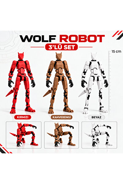 MD Design Wolf Robot Hareketli Eklemli Aksiyon Figürü 15 cm 3D Baskı 3'lü Set...