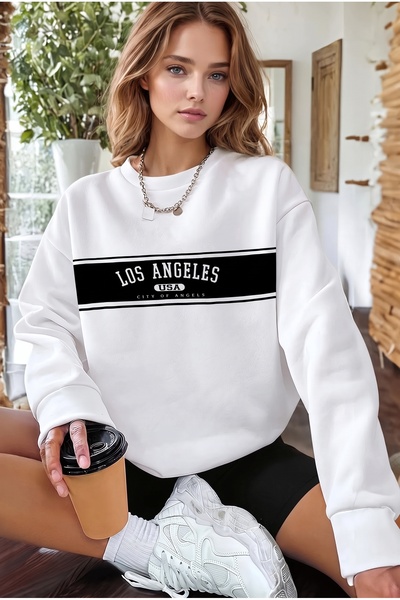 Millionaire سويت شيرت نسائي من الصوف الأبيض مطبوع عليه City Of Angels ذو رقبة...