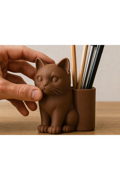 Bezos 3D Printed Cat Figured Pen Holder - Desktop Organizer - Brown