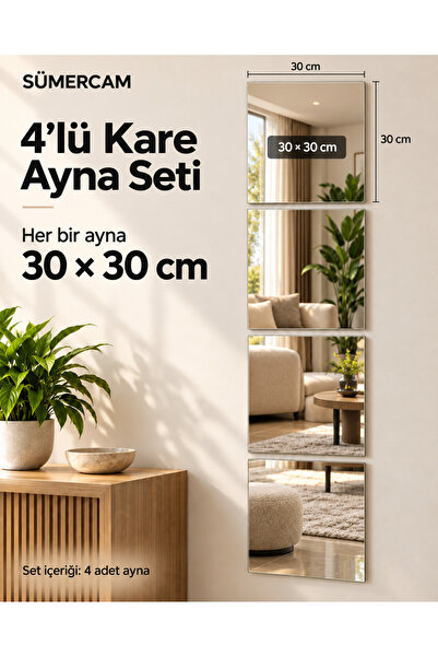 sc mirror SÜMER CAM 4'lü Dekor Ayna Gümüş Ayna 30x30 Cm