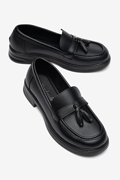 guijarro Loafer cu ciucuri din piele neagră, lucrat manual, pentru femei - Pa...