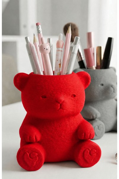 Bezos 3D Printed Cute Bear Pencil Holder - Desktop Organizer - Red Bzeldr05