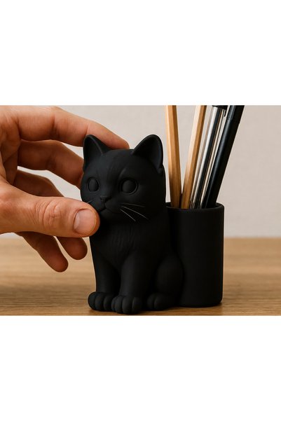 Bezos 3D Printed Cat Figured Pen Holder - Desktop Organizer - Black