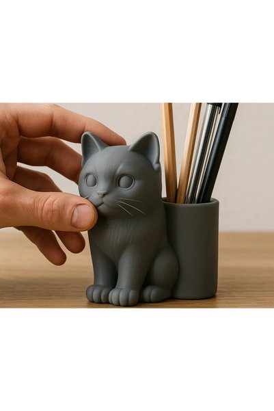 Bezos 3D Printed Cat Figurine Pen Holder - Desktop Organizer - Gray