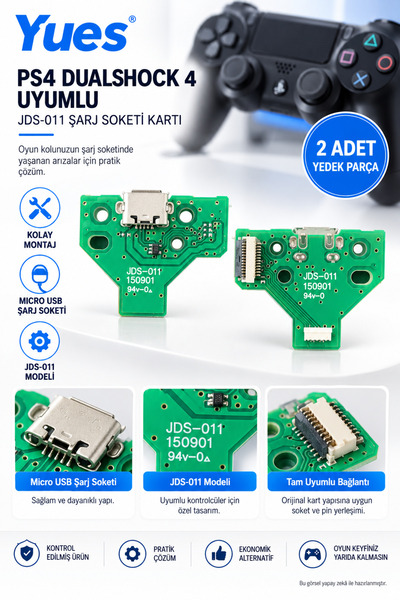 YUES PS4 DualShock 4 Uyumlu JDS-010/011/020 Micro USB Şarj Soketi Kartı 2 Ade...