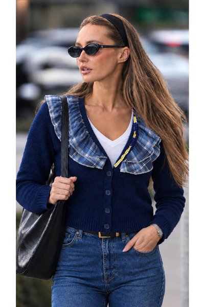 GZ Design Ruffle Detailed Bead Embroidered Navy Blue Cardigan