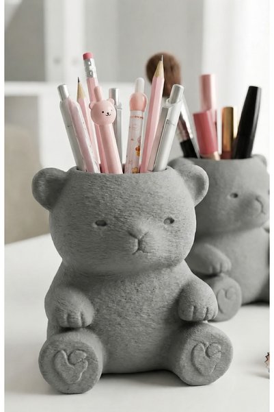 Bezos 3D Printed Cute Teddy Bear Pen Holder - Desktop Organizer - Gray