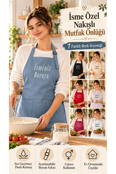 Artex Kişiye ve İsme Özel İsim Nakışlı Mutfak Kafe Chef Barista Garson Çiçekç...