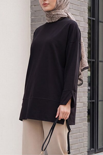 Modamorfo Crew Neck Slit Oversize Combed Cotton Tunic - Black