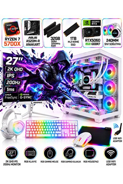 Apphirex Full White X75 Ryzen 7 5700X 32GB 1TB M2 SSD RTX5060 27' 150Hz QHD S...