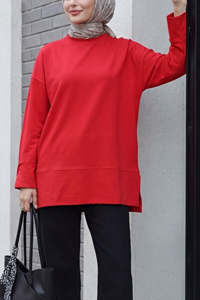 Modamorfo Crew Neck Slit Oversize Combed Cotton Tunic -Red