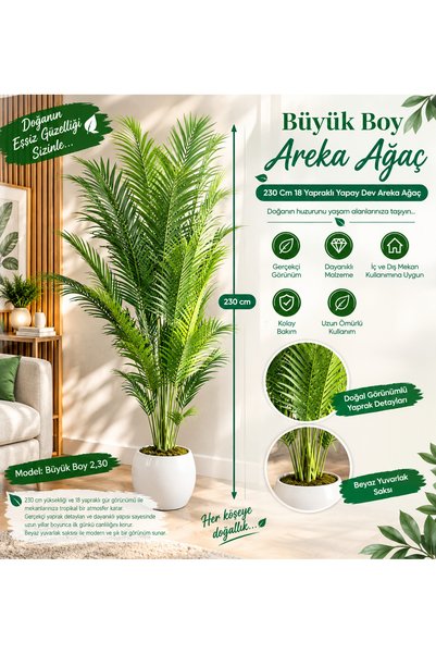 KAYAX Gold Saksılı Büyük Boy 2,30 cm 18 Yapraklı Yapay Dev Areka Ağaç