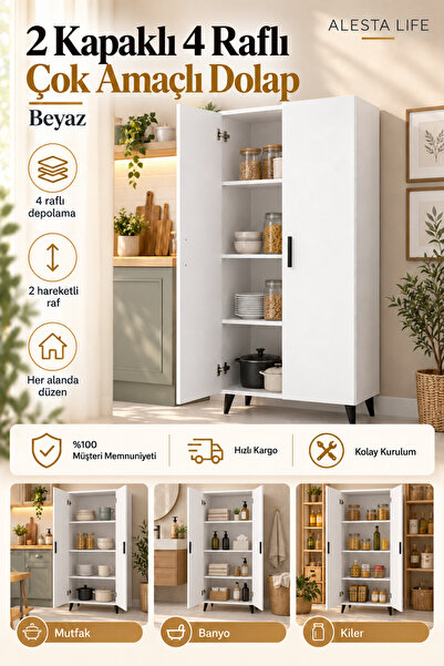 Alesta Life 2 Kapaklı 4 Raflı Mutfak Dolabı Banyo Dolabı Çok Amaçlı Dolap Beyaz