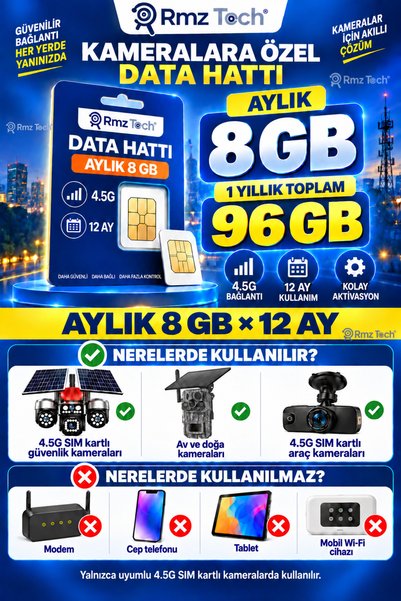 RMZTECH 1 Yıllık SIM Kart Aylık 8 GB İnternet Paketi Solar 4G Güvenlik Kamera...