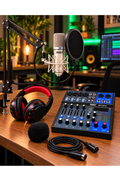Midex Mix Paket-4 Stüdyo Youtuber Podcast Kayıt Ekipman Seti Cx1 Mikrofon Mdx-06fxu Mixer